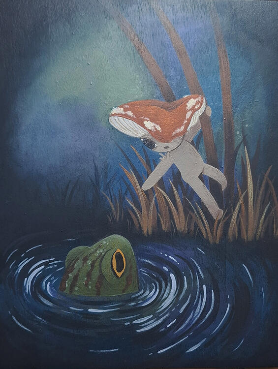 A mixed media painting on wood panel of a mushy and a grass frog in the water