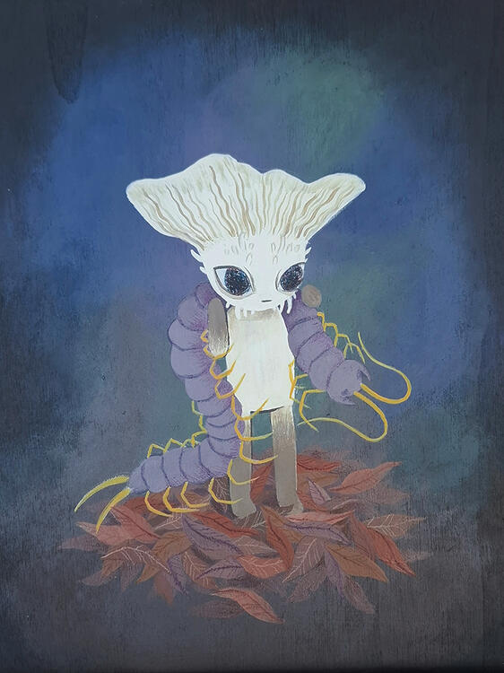 A mixed media painting on wood panel of a mushy holding a purple centipede